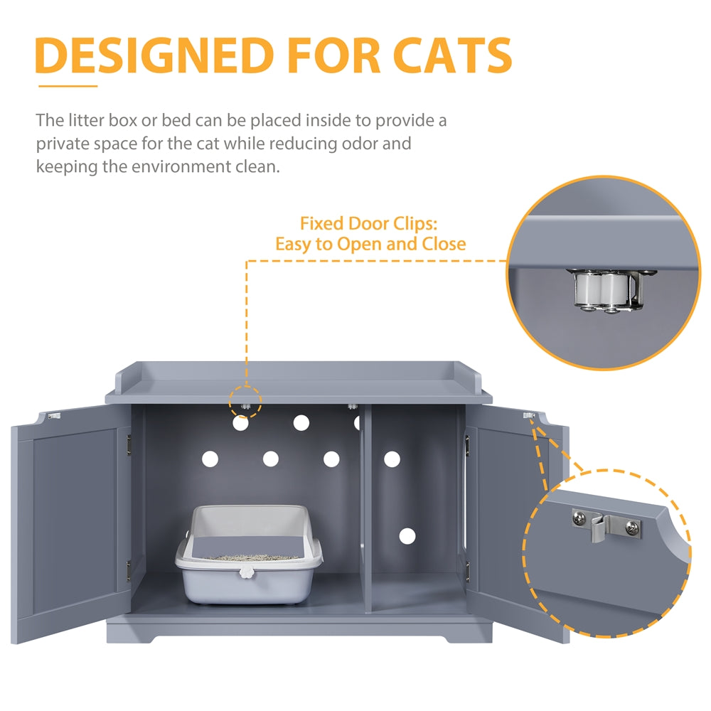 Costoffs Pet Litter Box Wooden Storage Bench Side Table with Double Doors for Cat, Decorative Cat Litter Box Hidden Bathroom