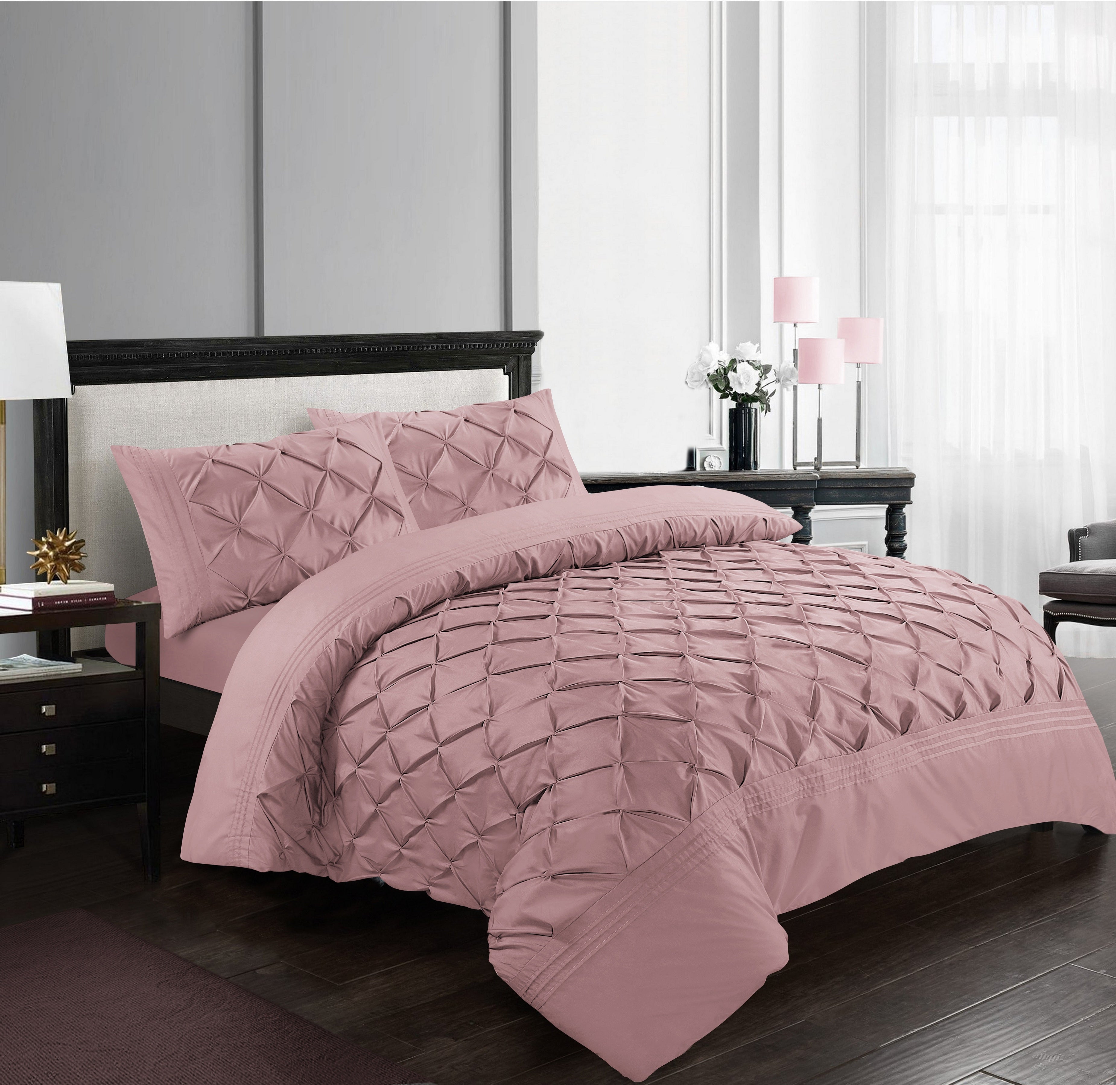 Luxury Pintuck Duvet Cover Set Double King Super King Soft Microfiber Pinch Pleat Bedding Set with Pillowcases White Silver Charcoal Pink