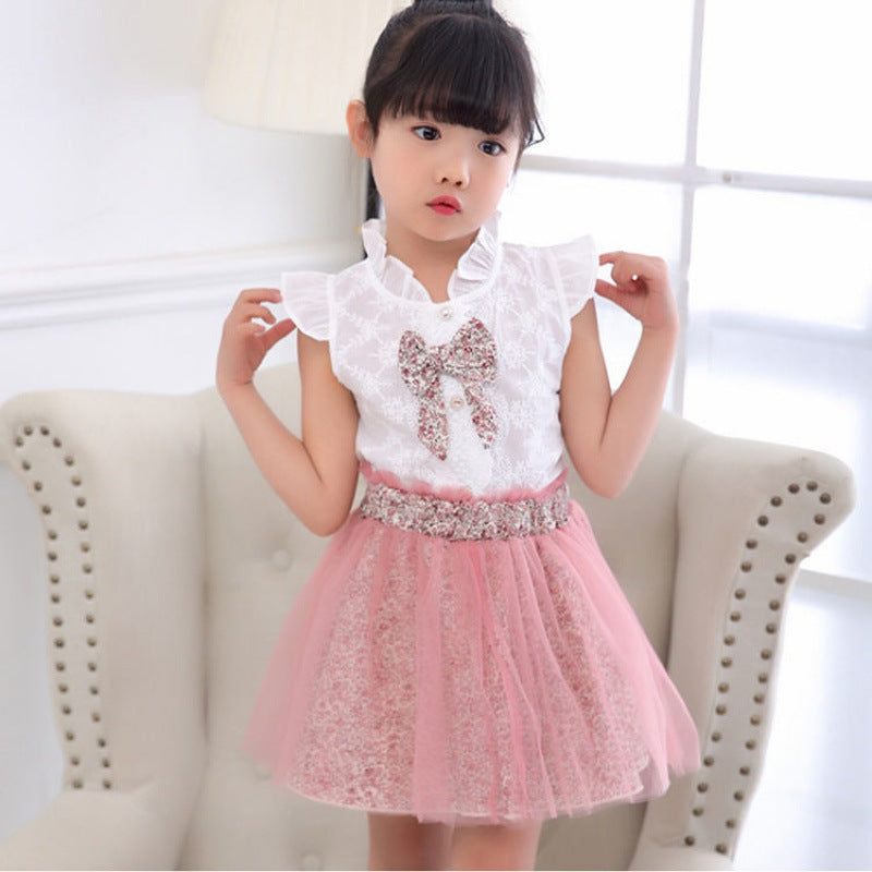 MERI AMMI 2Pcs Outfit: Kids Girls Clothing Set Floral Lace Tee + Floral Skirts for 2-13 Years Children