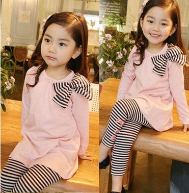 Baby Girl Clothes: Stripe Bowknot Long Sleeve Top and Stripe Pants Set, Solid Cotton T-Shirt Toddler Fall Outfits