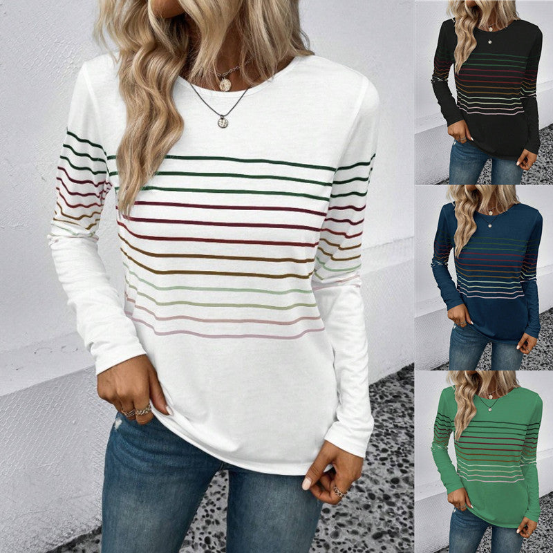 European And American Fashion Striped Printed Round Neck Long Sleeve Women