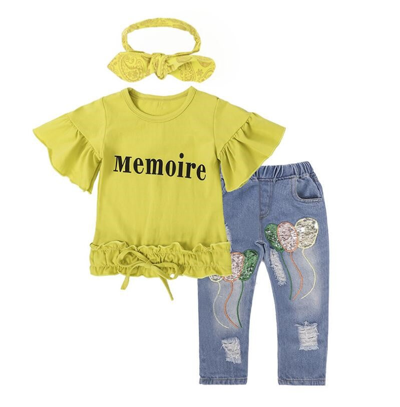 Hot Sale Kids Girls Clothing Set: Fashion Kids Girls Clothing Sets, Short Sleeve Tops + Jeans + Scarf. Baby Girls Clothing Suits