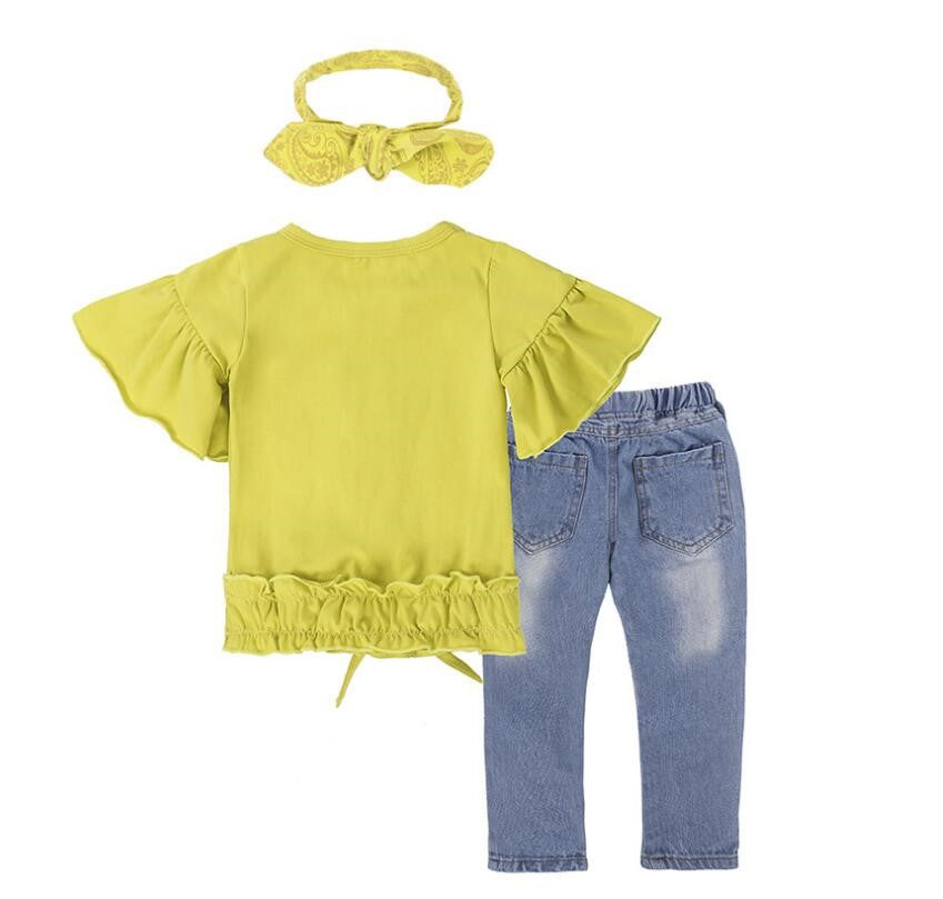 Hot Sale Kids Girls Clothing Set: Fashion Kids Girls Clothing Sets, Short Sleeve Tops + Jeans + Scarf. Baby Girls Clothing Suits