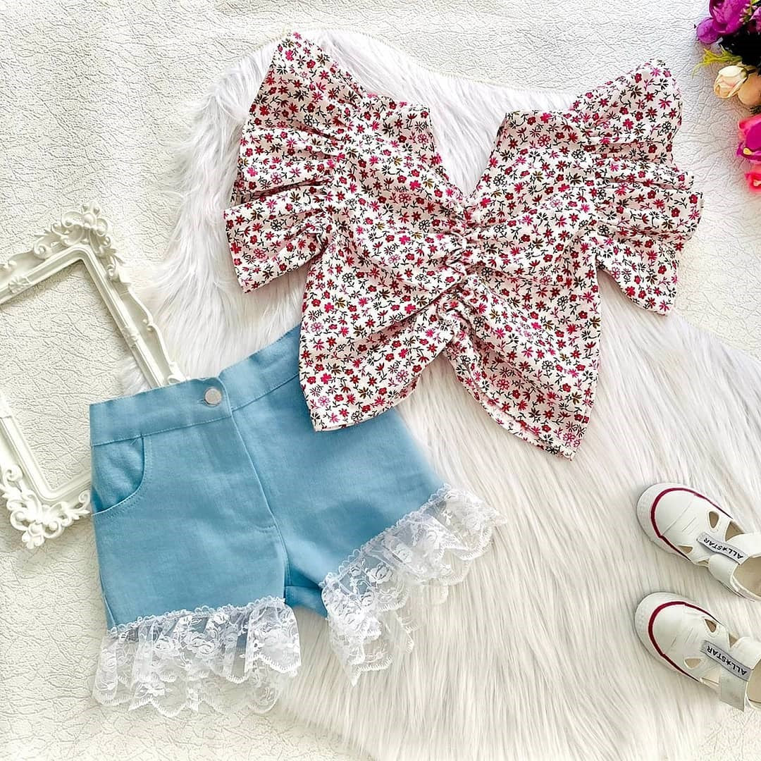 2Pcs Fashion Kids Girls Suit Set: Floral Print V-Neck Short Sleeve Tops + Lace Trim Denim Shorts. Girls Summer Clothes