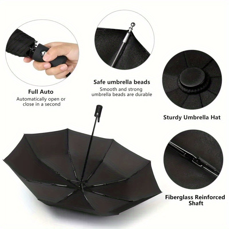 Windproof Automatic Oversized Umbrella – 10-Rib Folding Design, Unisex Business & Golf Umbrella with Sun Protection, Professional Style