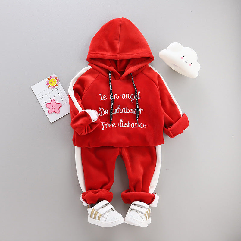 Warm Baby Girl Clothing Set: Winter Thick Plush Cotton Clothing Sets. Baby Girl Hoodie and Pants Children Suit, Kids Clothes