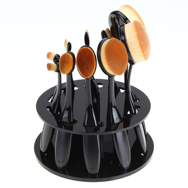 Generic All Black, Russian Federation: Oval Makeup Brushes Professional 10pcs Oval Brush Set Toothbrush Make Up Brushes with Brush Holder