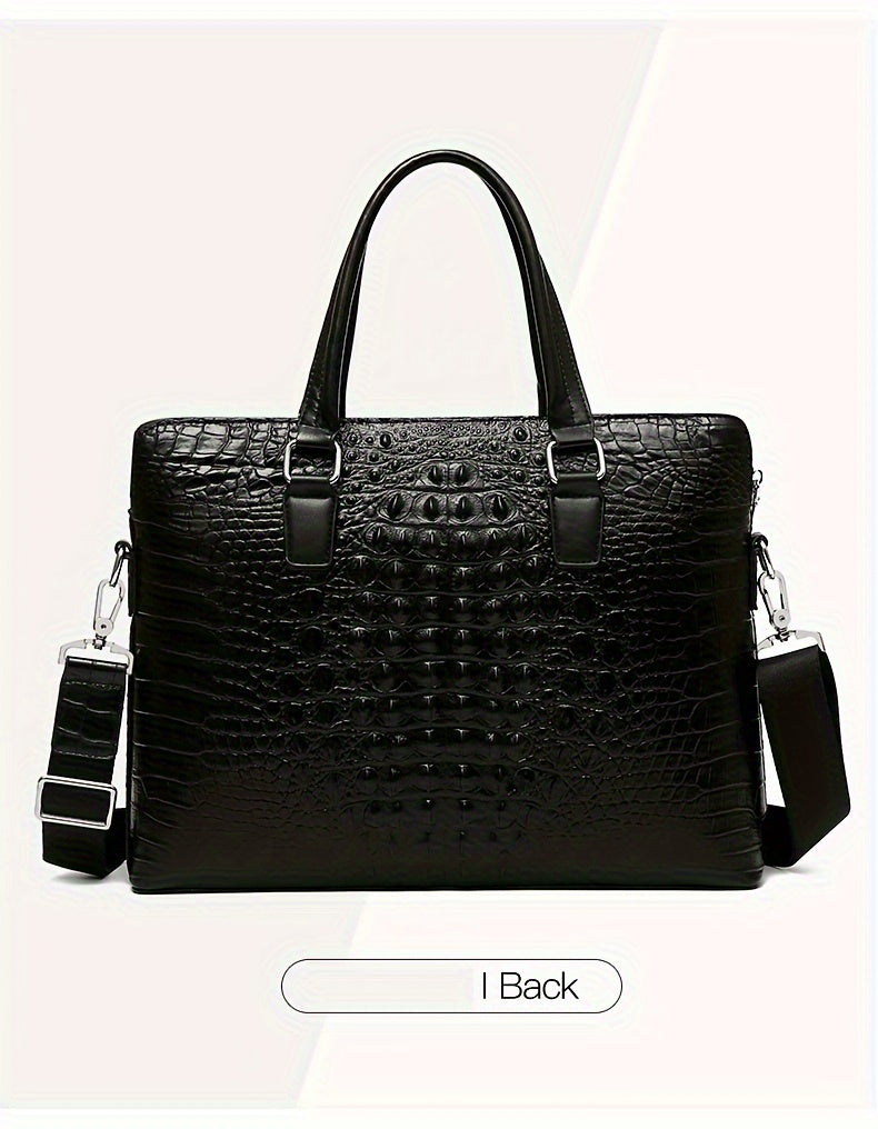 Men's Crocodile Pattern Briefcase - Stylish Business & Commuter Bag with Laptop Compartment, Adjustable Shoulder Strap, and Zipper Closure, Black, Laptop Carrying Case