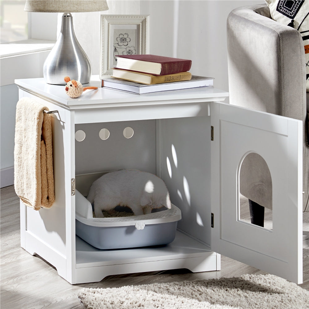 Costoffs Cat Litter Box, EEnclosed Litter Box Decorative Cat House Cat Washroom Pet Side Table Indoor Pet Crate Cat Litter Box Enclosures for Living Room, Hallway, Bathroom, Laundry Room, White