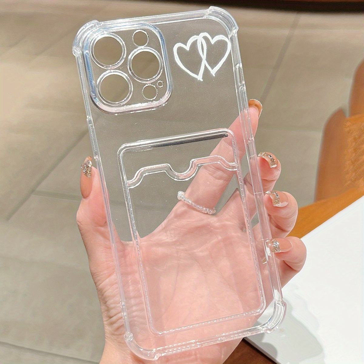 White Heart Minimalist Design Transparent TPU Phone Case with Card Slot, Compatible with iPhone 16/15/14/13/12/11 Pro Max/XS/XR/7/8 Plus, Travel Accessory, Card Holder Case, Sleek Phone Cover, Durable Cover, Flexible Material