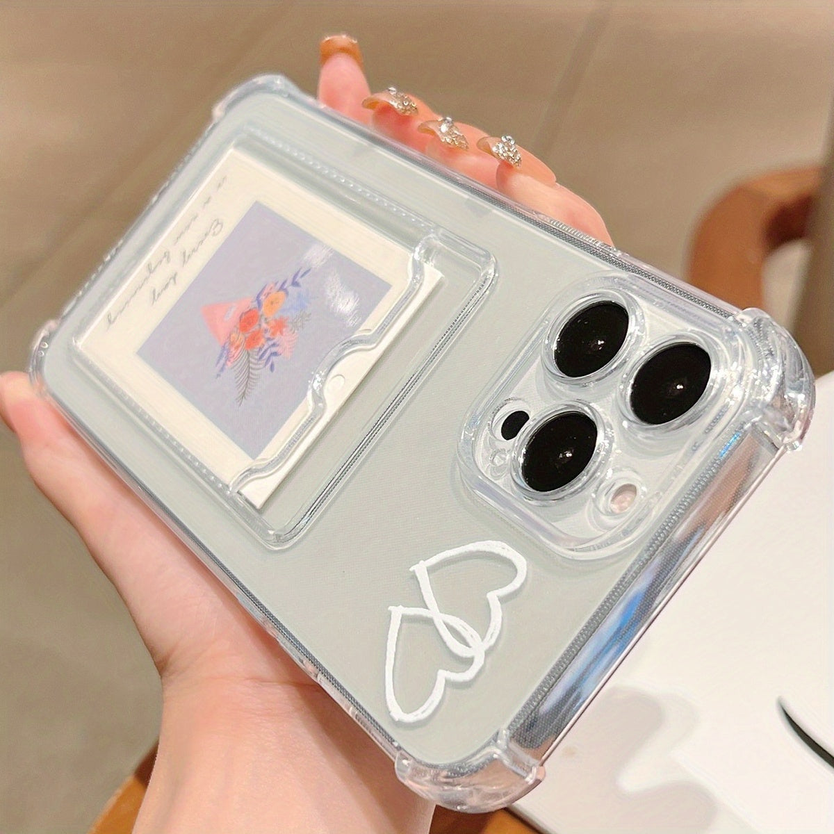 White Heart Minimalist Design Transparent TPU Phone Case with Card Slot, Compatible with iPhone 16/15/14/13/12/11 Pro Max/XS/XR/7/8 Plus, Travel Accessory, Card Holder Case, Sleek Phone Cover, Durable Cover, Flexible Material