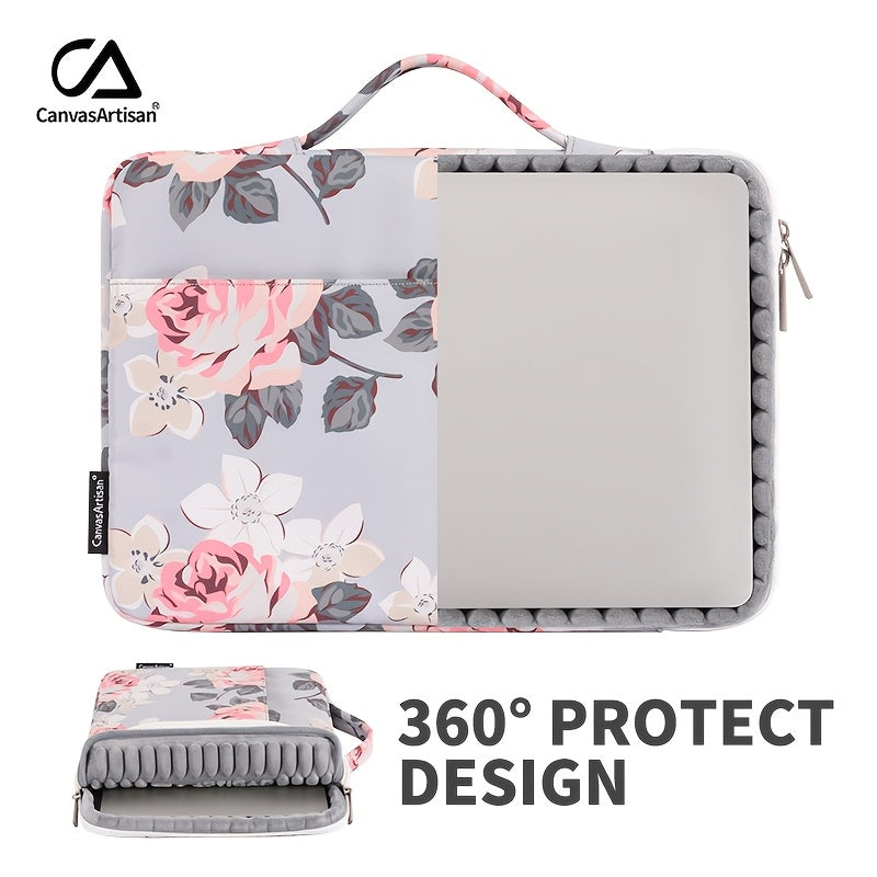 Canvas Artisan Floral Laptop Sleeve Case - Shockproof, Hand-Held Briefcase with Zipper Closure for MacBook, Acer, and More - Stylish Gray with Pink & Black Floral Design, Lightweight & Durable for Daily Commute, Vacation, or
