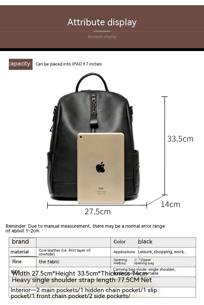 First Layer Cowhide Commuter Large Capacity Korean Style Fashion Backpack