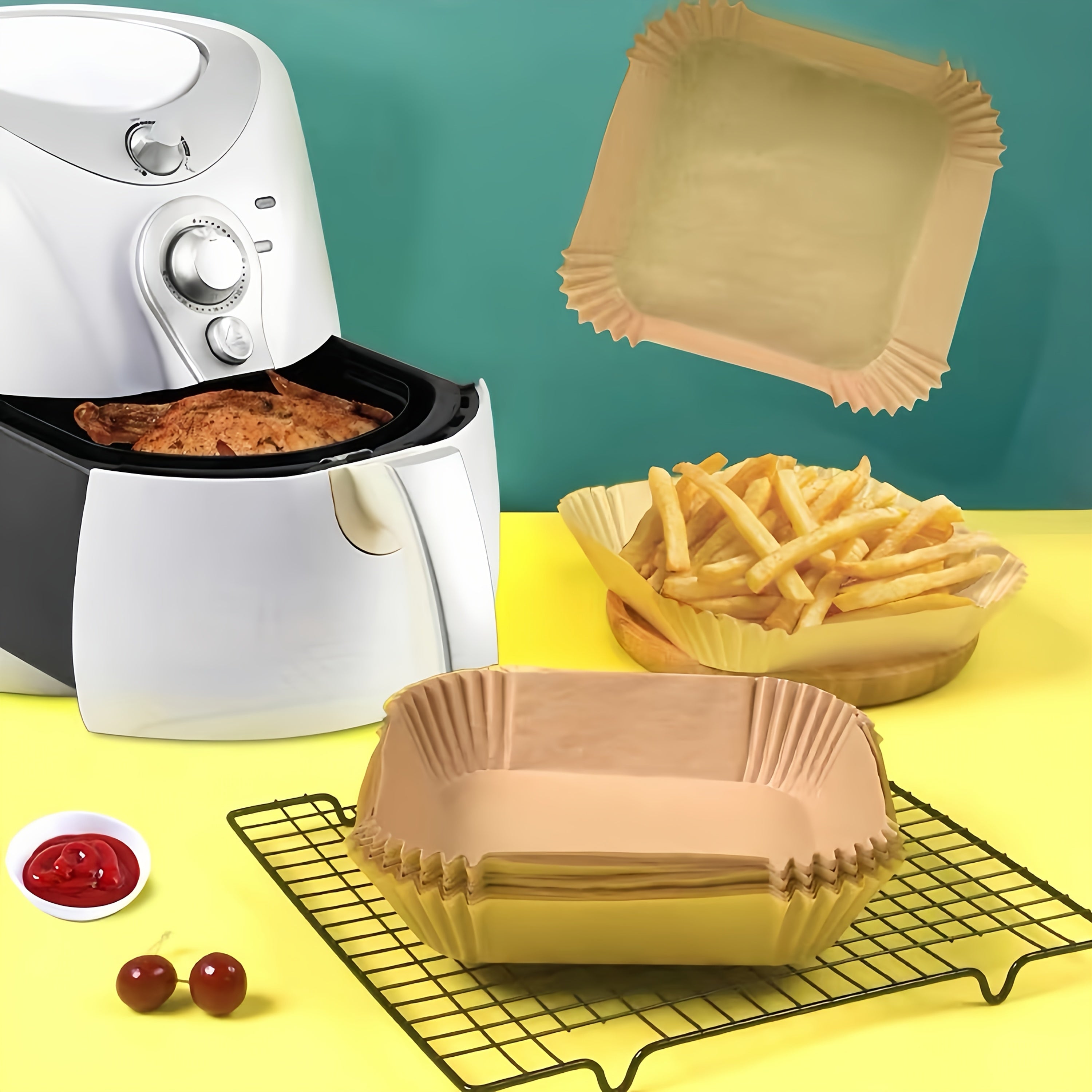 100-Count Non-Stick Air Fryer Liners – Premium Disposable Paper Sheets with Pleated Edges for Safe Cooking, Easy Cleanup, Baking, Roasting, and Oven Use