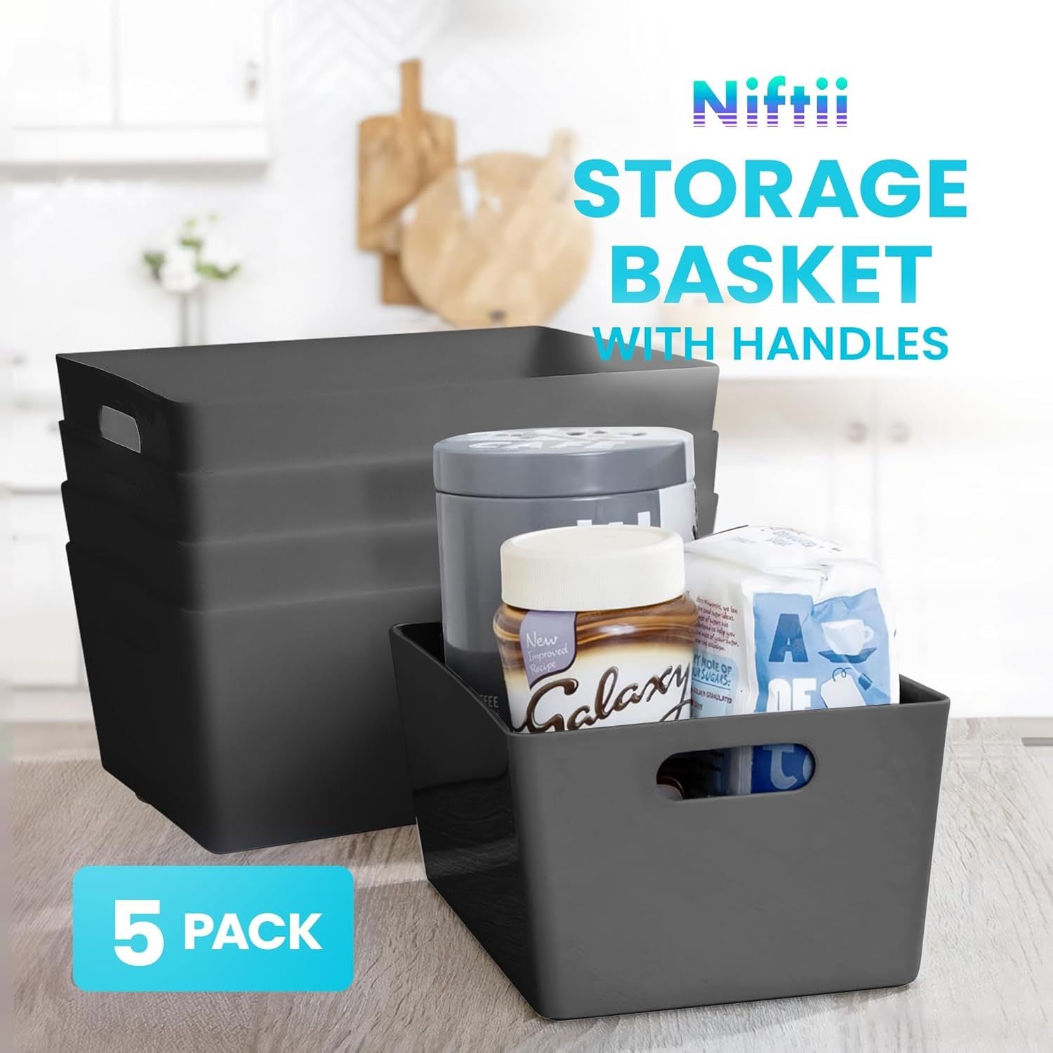 Niftii 5-Pack Plastic Storage Baskets with Sturdy Handles, Lightweight & Durable Design, Ideal for Kitchen, Bathroom, and Cleaning Organisation, 3.9L Capacity, 17 x 25 x 11cm