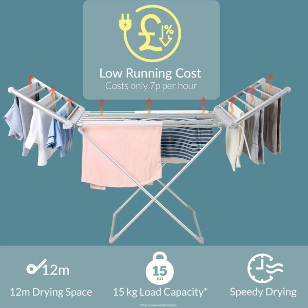 Winged Heated Airer, Foldable Electric Heated Clothes Airer 230W, Portable Indoor Clothes Drying Rack, Free Standing 12m Drying Space, 10kg Capacity, Low Energy Clothes Dryer, Grey (Cover Not Included)