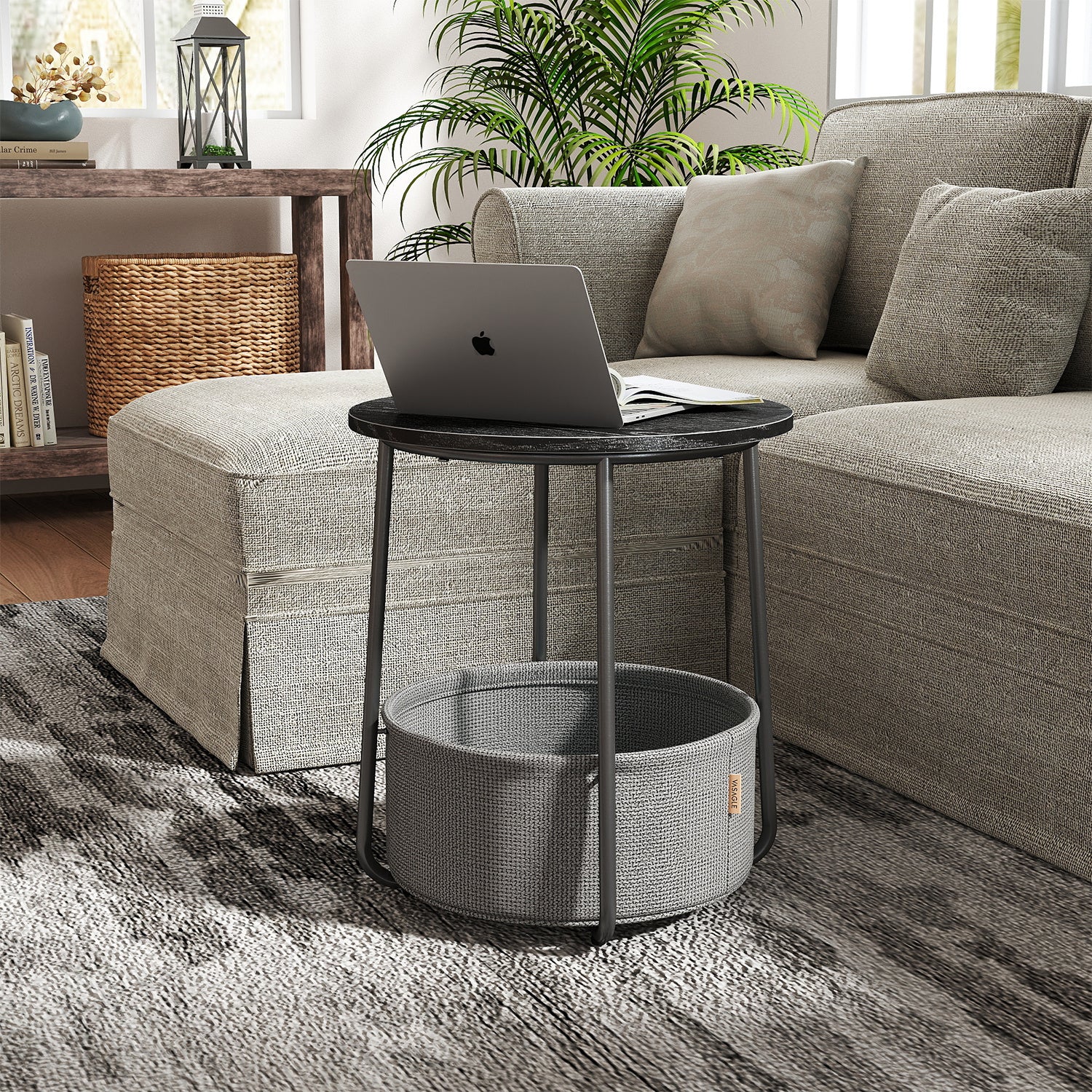 Side Table, Round End Table with Fabric Basket, for Living Room Bedroom, Bedside Table, Modern Style,Cream White,Laurel Green,Jelly Pink,Cement Grey,Ebony Black,Various colors