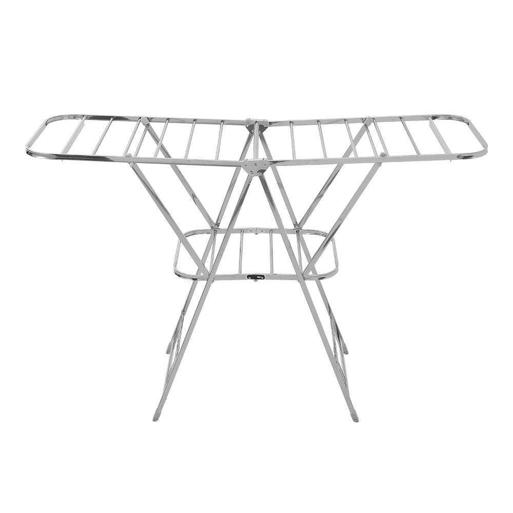 Staiinless Steel Folding Drying Rack, 2-Level Clothes Airer with Height Adjustable Wing, Freestanding Drying Rack for Clothes Socks Towels Shoes Quilts, Multifunctional Air Dryer, Foldable Wing Clothes Drying Rack, No Assembl