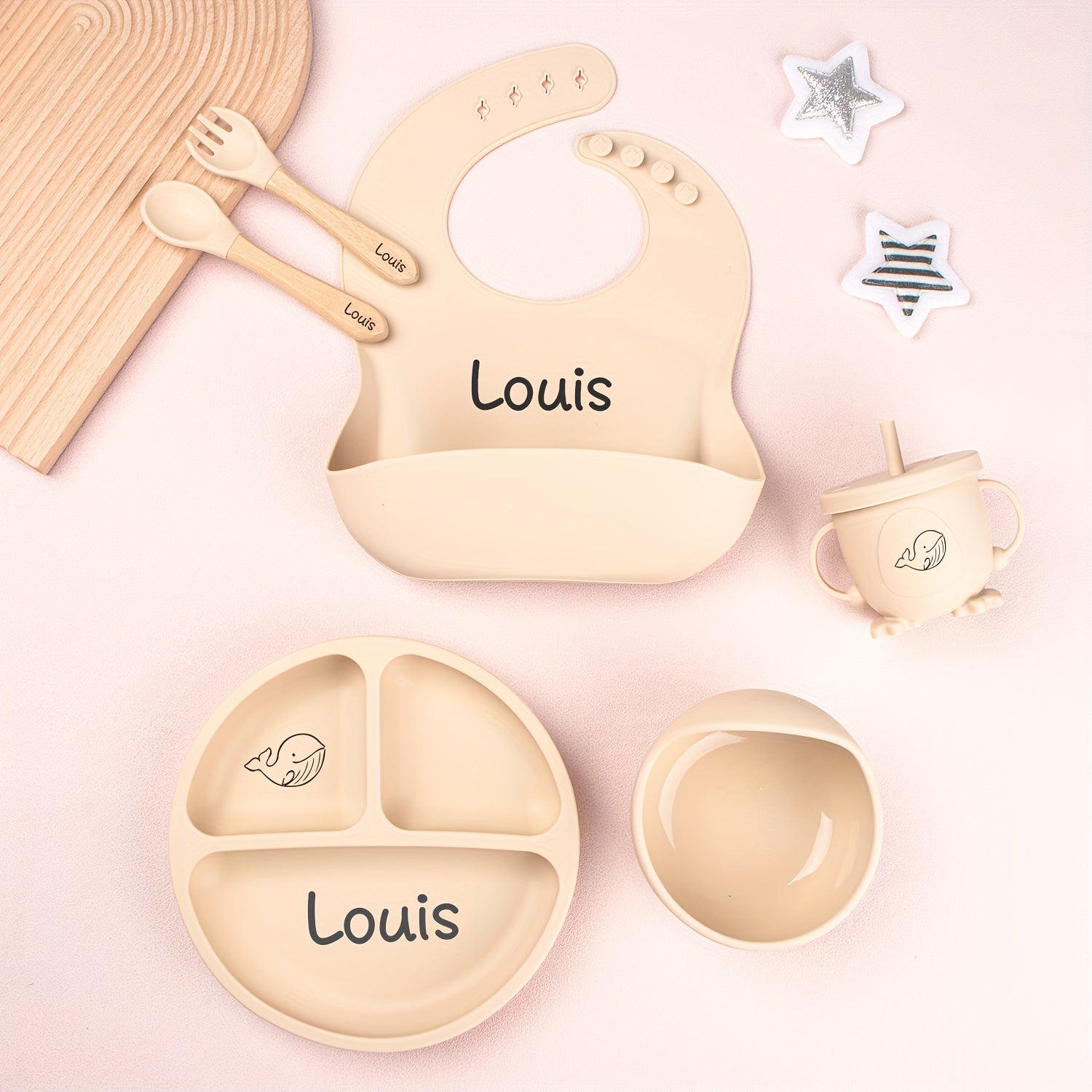 1set Customizable Silicone Feeding Set - Personalized Plate, Cup, and Cutlery Tray with Name - Durable Weaning Kit for Kids - Ideal Shower Gift - Available in Multiple Colors