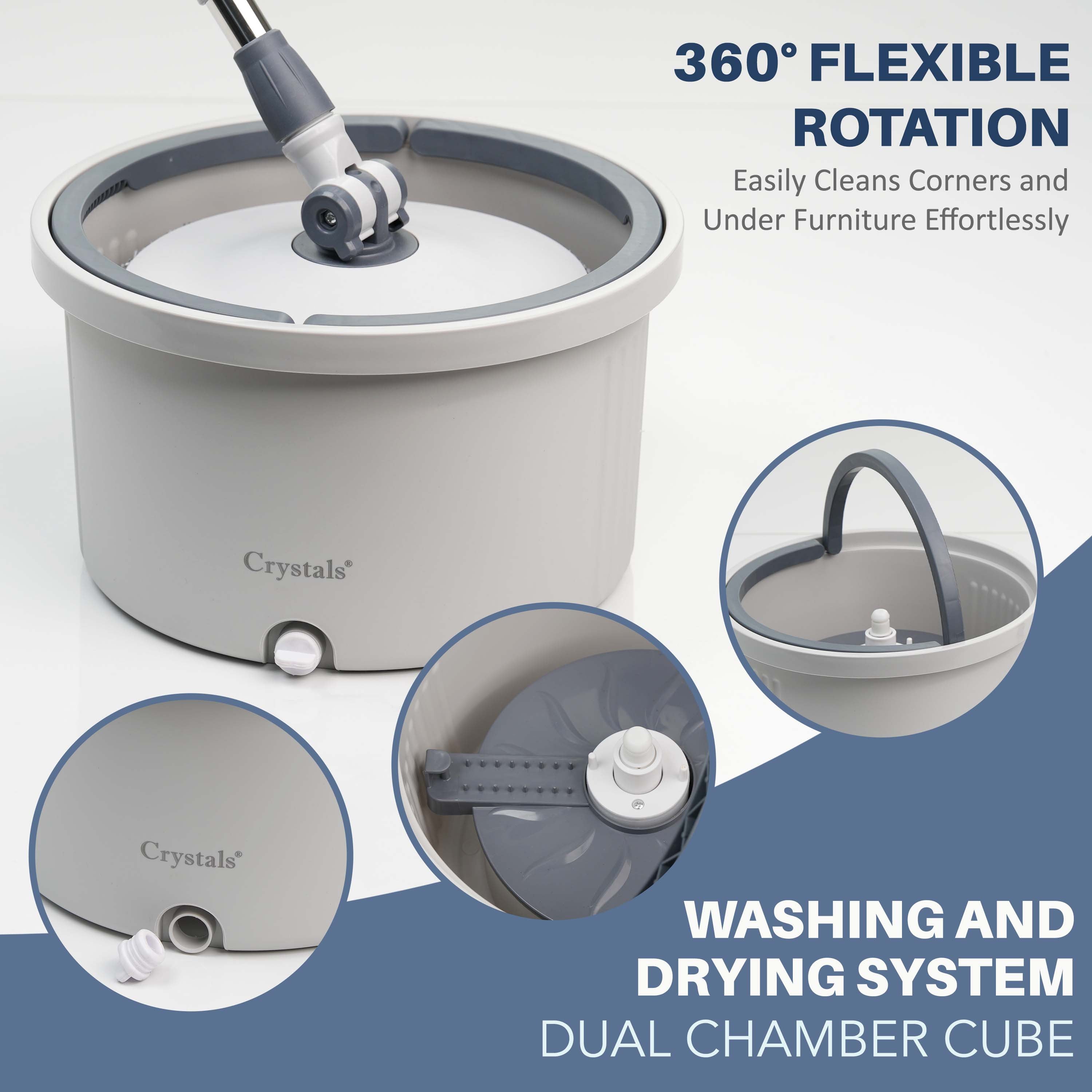 Spin Mop and Bucket Set for Floor Cleaning – Compact Cleaning System with 360° Rotating Head, 2 Refill Microfibre Pads, Squeeze Wringer Washing Dry Mop Set (Round Mop & Bucket with 2 Pads)