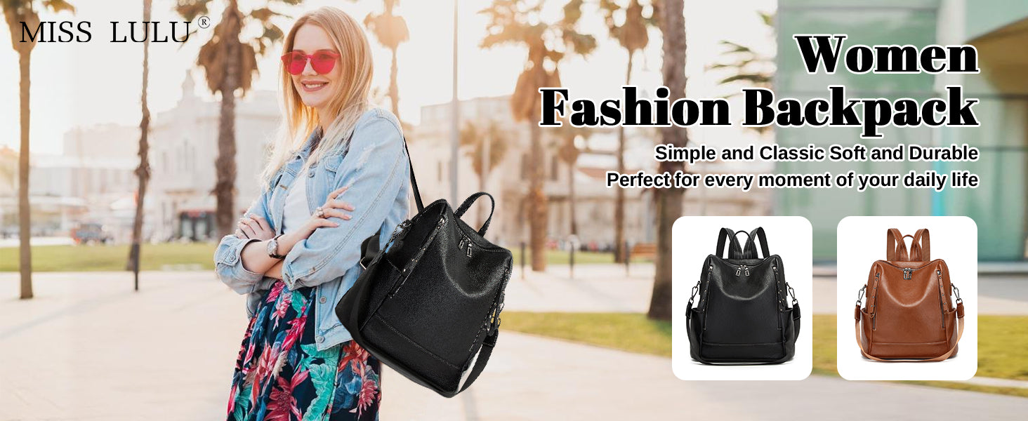 Miss Lulu Women's Anti-Theft PU Backpack, Large Capacity Convertible Shoulder Bag for School, Work, Travel & Daily Use, Multi-Po