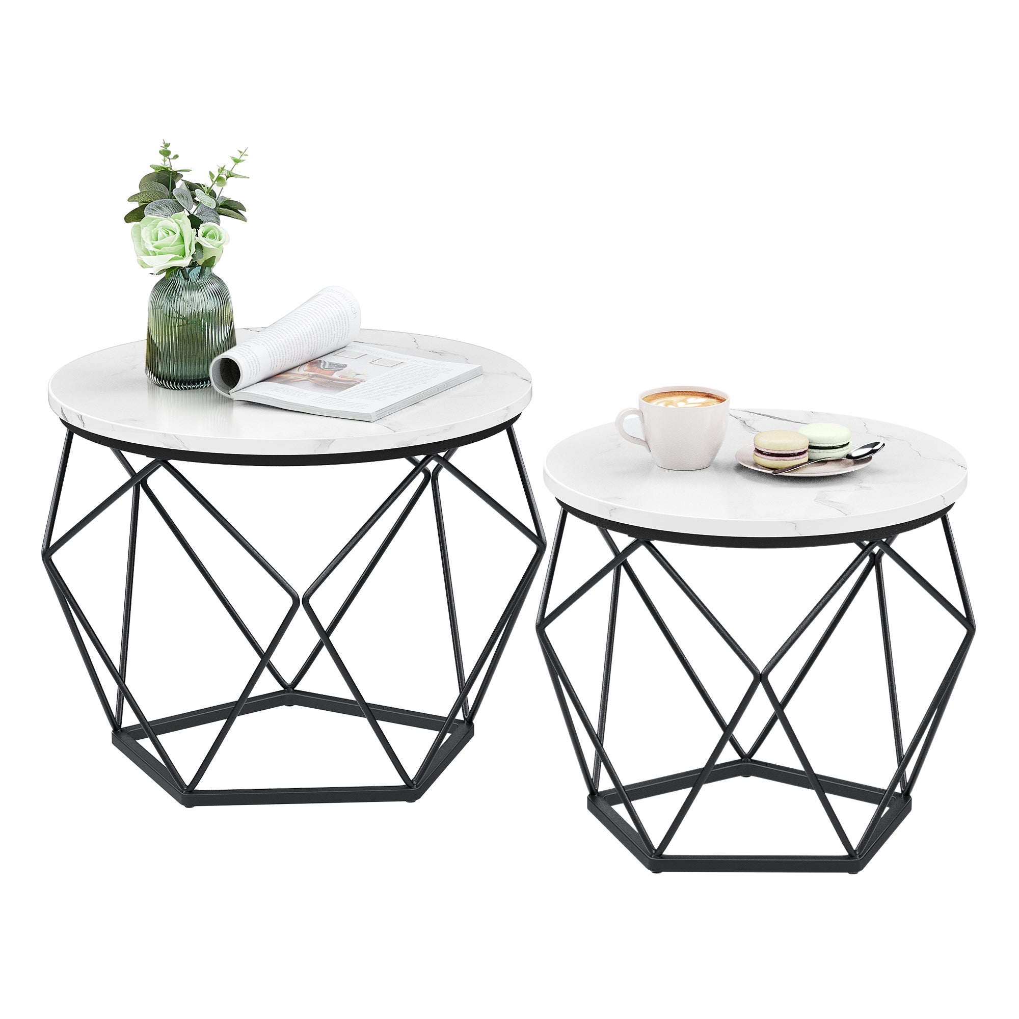 Small Round Coffee Table Set of 2, with Steel Frame, for Living Room, Bedroom, Office