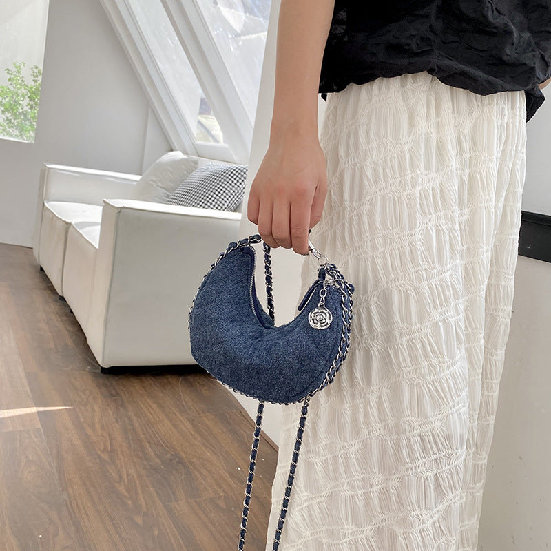 Denim Bag Female Diamond Embroidery Thread Chain Messenger Bag