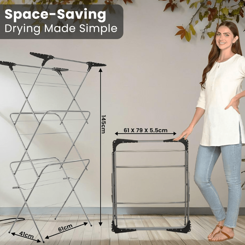 Foldable 3 Tier Airer with Wings Collapsible Arms for Hangers, 15m Clothes Drying Airer Laundry Rack Portable Indoor & Outdoor Free Standing Airer, Non Slip Feet with Hanging Option Space Saving Wash Line 5.5cm Folded, Grey