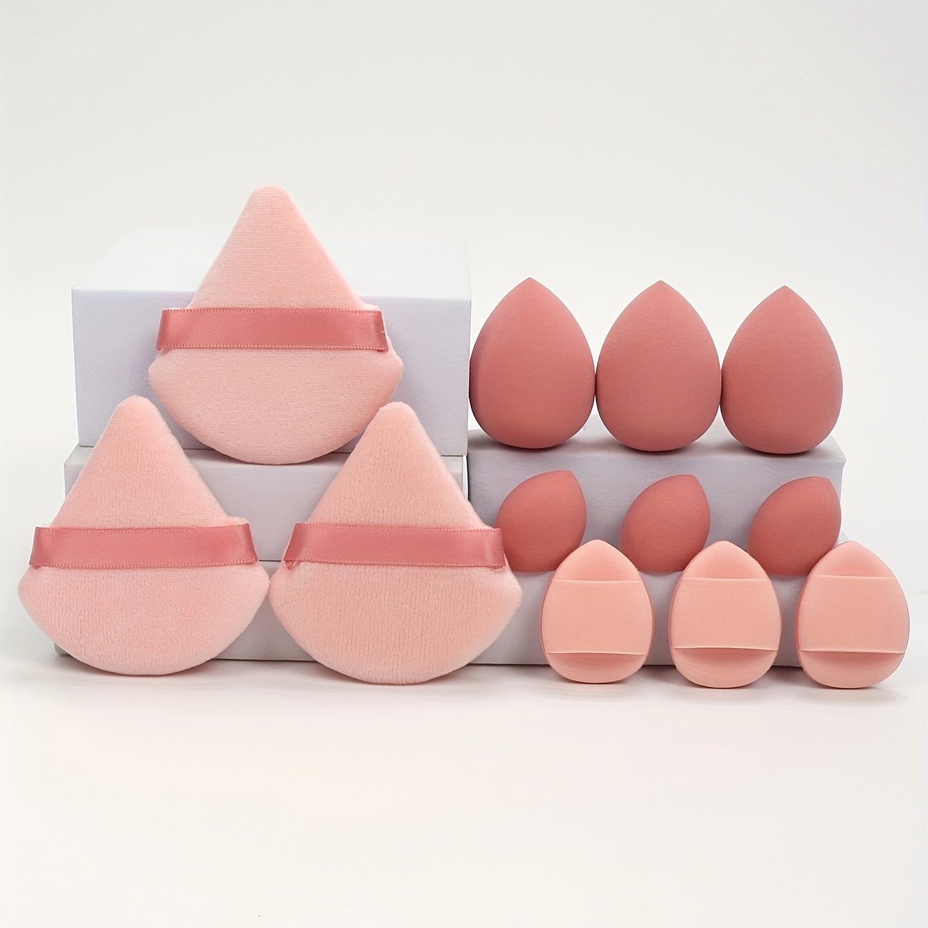 All-in-one 12pack/8pack makeup sponge set, consisting of 3 loose powder puffs, 3 mini air cushion puffs, 3 makeup sponges and 3 mini makeup sponges /or makeup puff& brush 8pcs set. Does not contain latex, does not easily eat