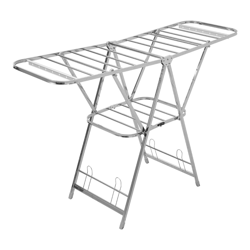 Staiinless Steel Folding Drying Rack, 2-Level Clothes Airer with Height Adjustable Wing, Freestanding Drying Rack for Clothes Socks Towels Shoes Quilts, Multifunctional Air Dryer, Foldable Wing Clothes Drying Rack, No Assembl