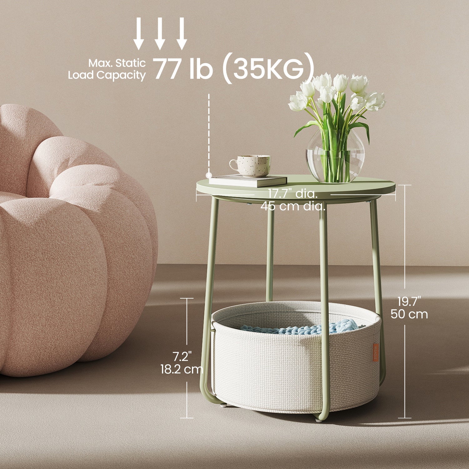 Side Table, Round End Table with Fabric Basket, for Living Room Bedroom, Bedside Table, Modern Style,Cream White,Laurel Green,Jelly Pink,Cement Grey,Ebony Black,Various colors
