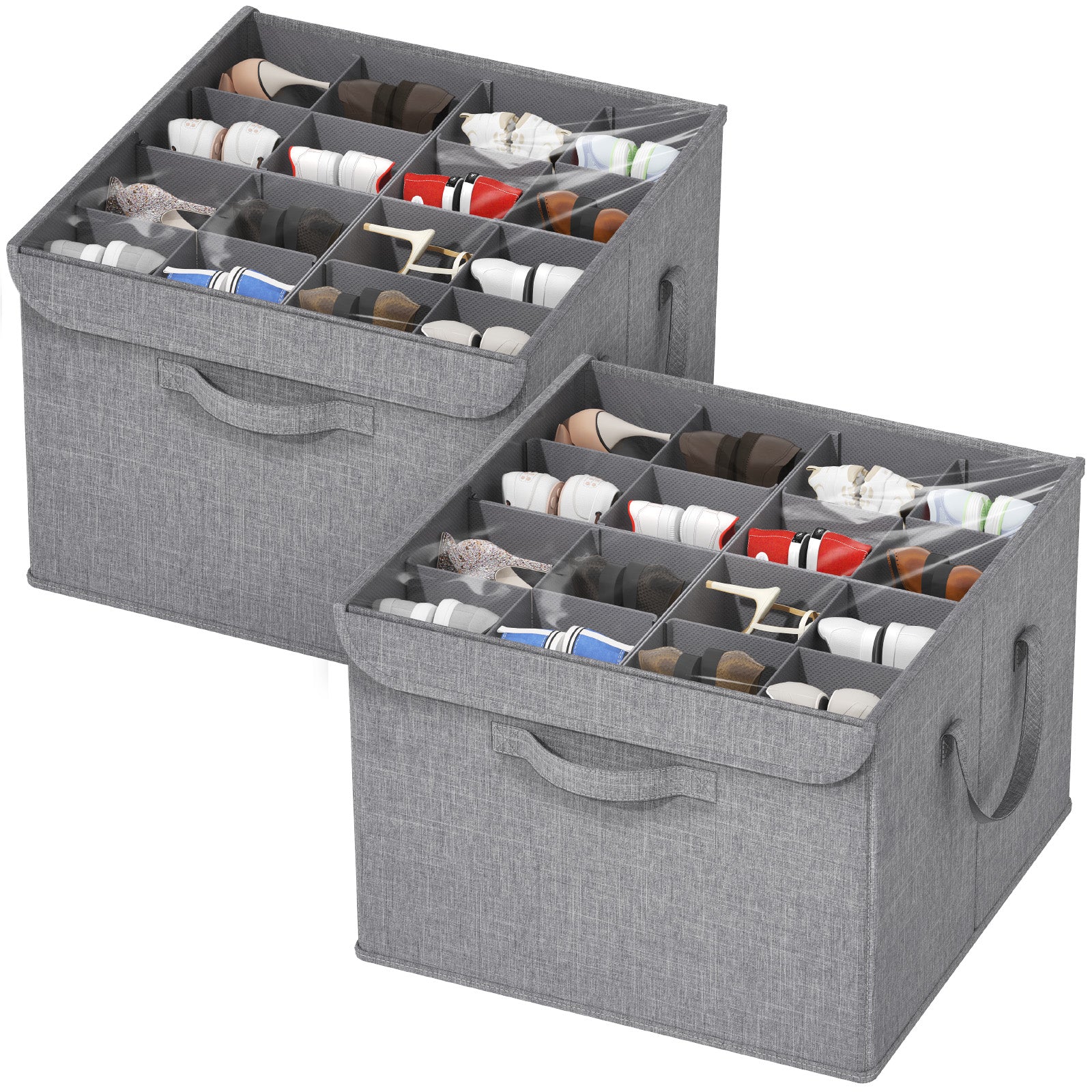 1/2 Pack Shoe Organizer for Closet Foldable Storage Bins with Adjustable Dividers, Clear Cover, and Bottom Support, Fits 16 Pairs of Boots, Heels, and Sneakers