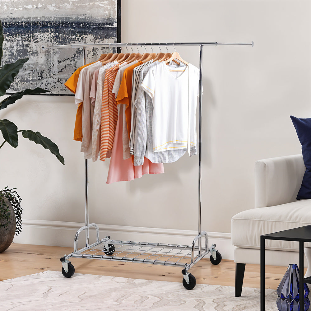 Mobile Metal Clothes Rail, Heavy Duty Clothing Rack with Extendable Rail, Single Rod Clothes Rail on Wheels, 167-180 cm Height Adjustable Clothes Rack, 130-190cm Adjustable Length Hanging Bar, Carbon Steel Construction, Durab