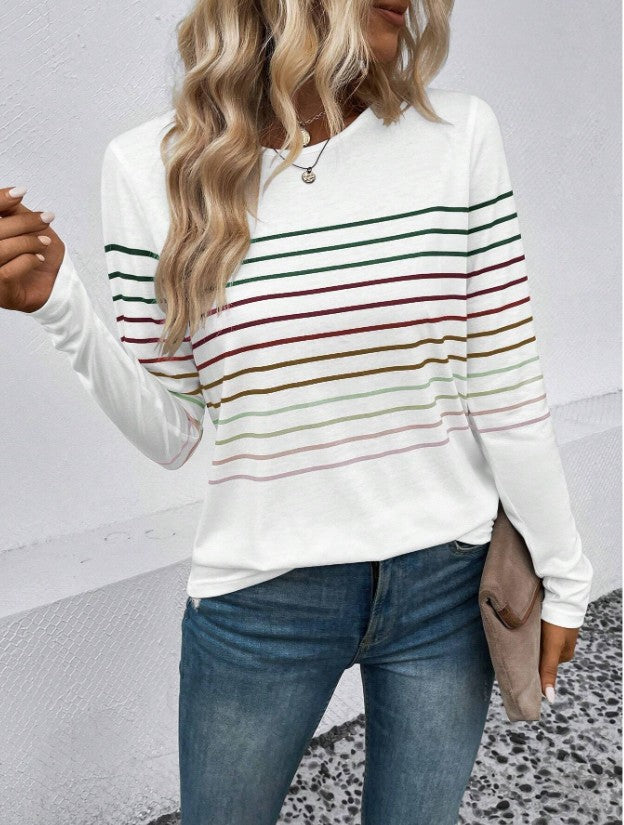 European And American Fashion Striped Printed Round Neck Long Sleeve Women