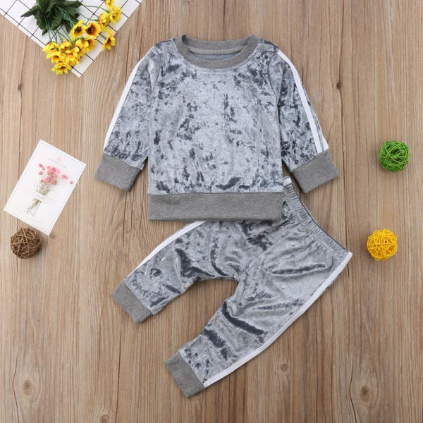 New Baby Girls Solid Chic Toddler Kids Tracksuit: Boys Velvet Tops, Sweater Pants Trousers Outfits. Autumn Clothes Set for 1-6 Years