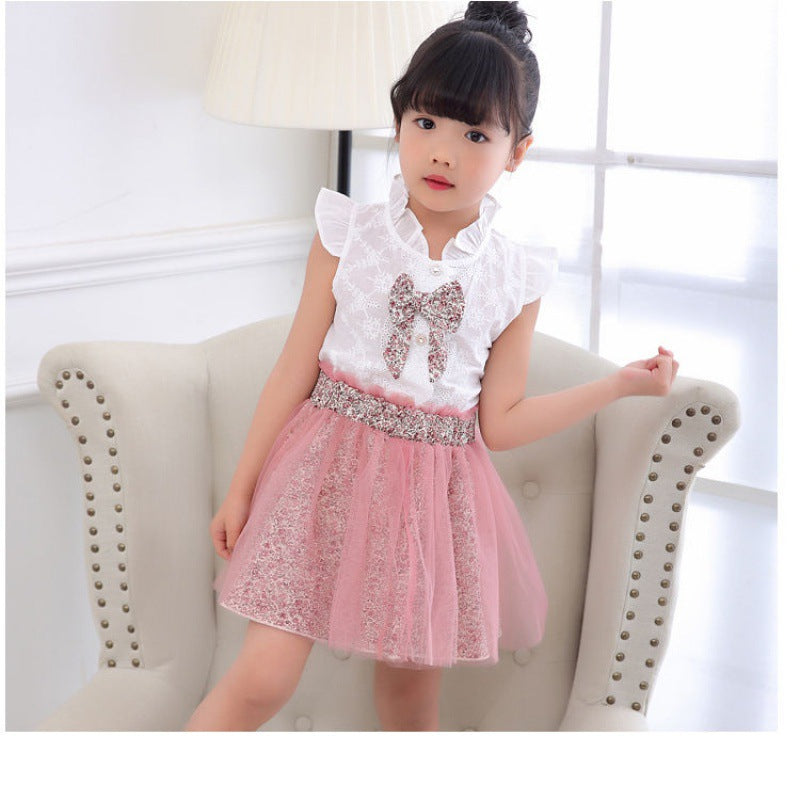 MERI AMMI 2Pcs Outfit: Kids Girls Clothing Set Floral Lace Tee + Floral Skirts for 2-13 Years Children