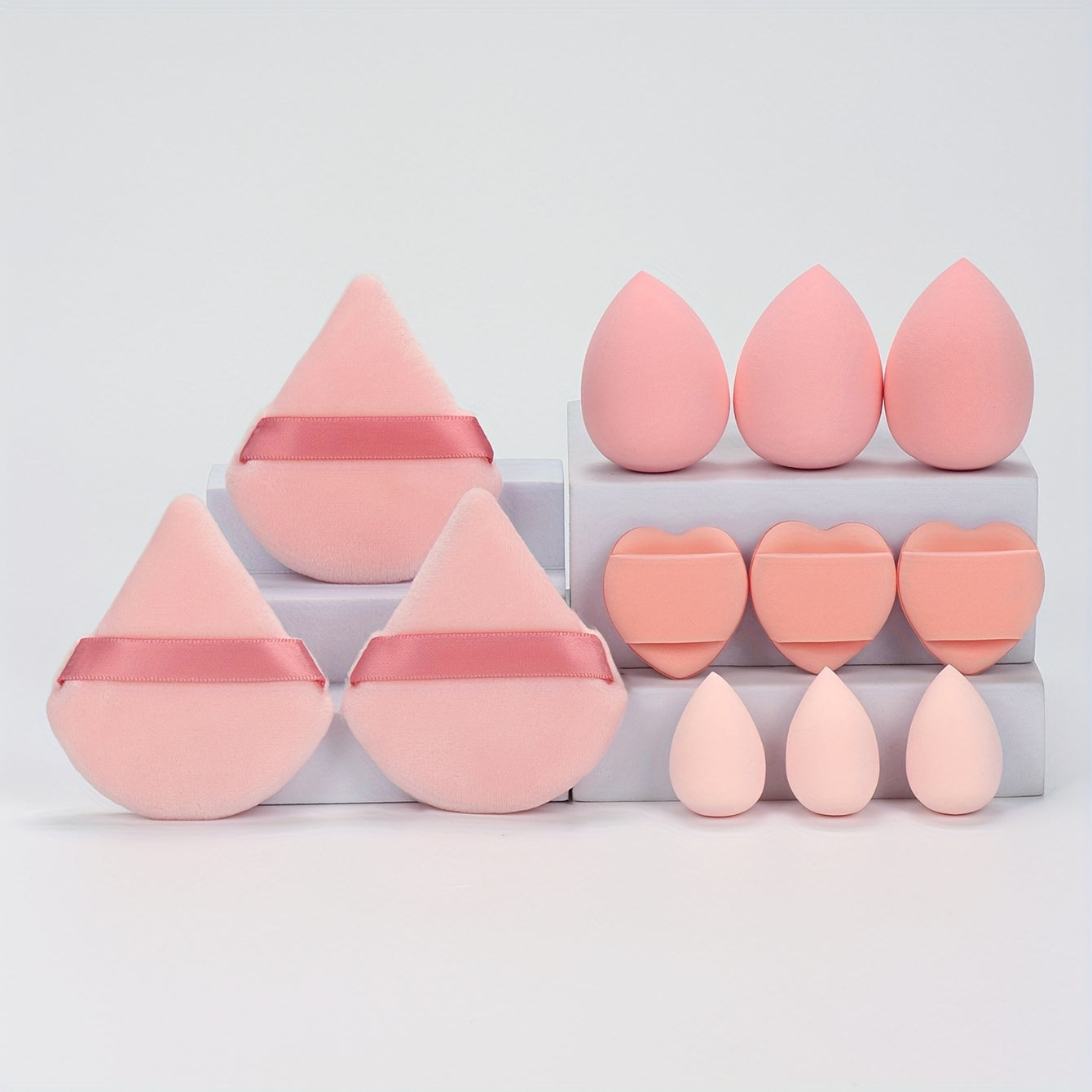 All-in-one 12pack/8pack makeup sponge set, consisting of 3 loose powder puffs, 3 mini air cushion puffs, 3 makeup sponges and 3 mini makeup sponges /or makeup puff& brush 8pcs set. Does not contain latex, does not easily eat