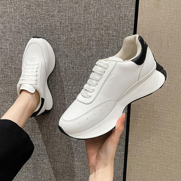 Leather Sports Casual Shoes: White, Four Seasons, Elevated Bottom Women's Shoes