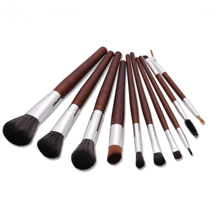 Brown Mahogany 10pcs Makeup Brush Set: Foundation, Eyelash, Double Beauty Tools, Belly Wood Blending Cosmetic Pincel