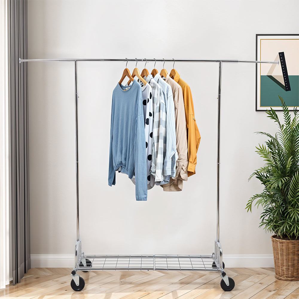 Mobile Metal Clothes Rail, Heavy Duty Clothing Rack with Extendable Rail, Single Rod Clothes Rail on Wheels, 167-180 cm Height Adjustable Clothes Rack, 130-190cm Adjustable Length Hanging Bar, Carbon Steel Construction, Durab