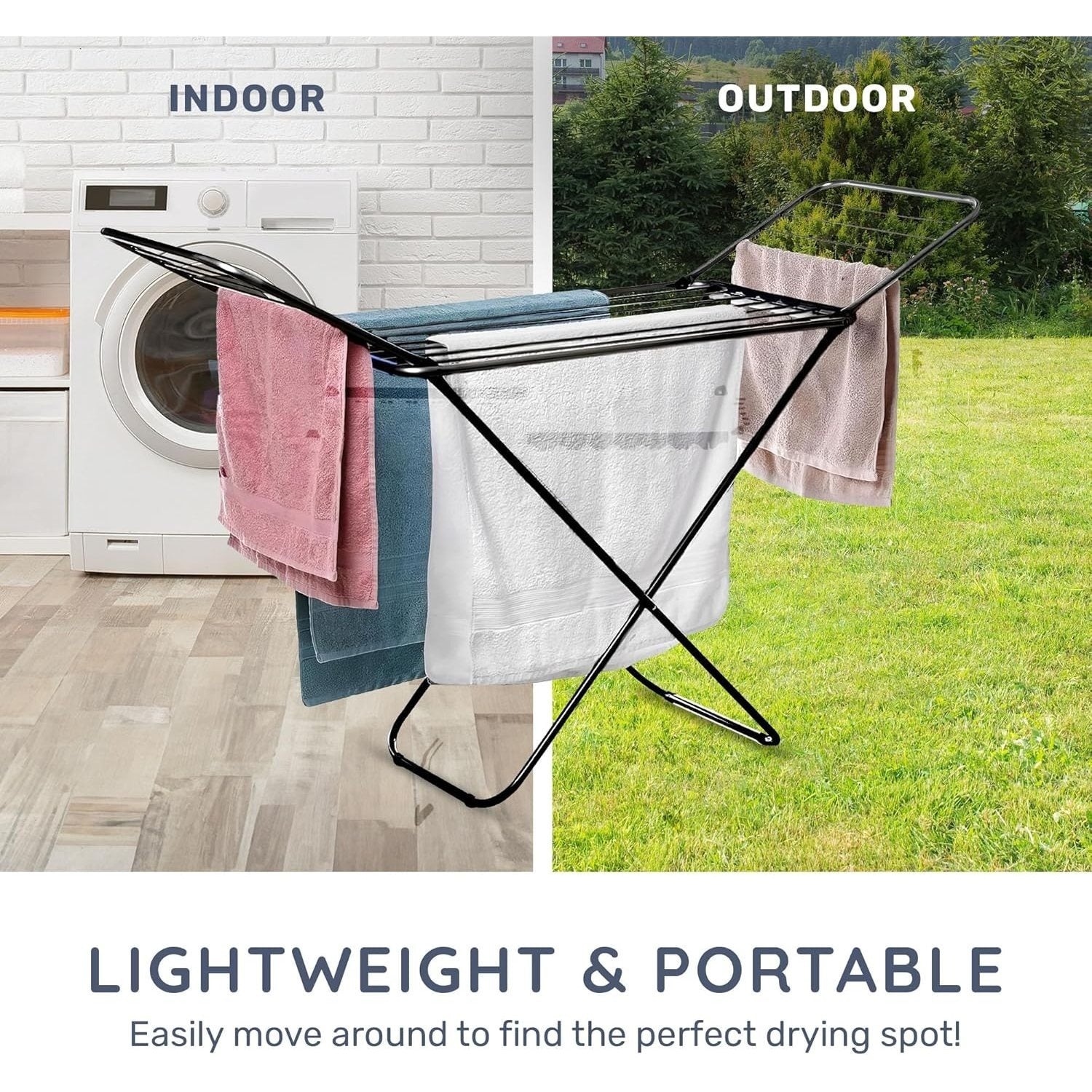 CUQOO Foldable Airer - Compact Clothes Drying Rack, Winged Heavy Duty Indoor Airer, Outdoor Clothing Drying Rack w/ 22 Bars, Large Premium Stainless Steel Laundry Clothes Horse