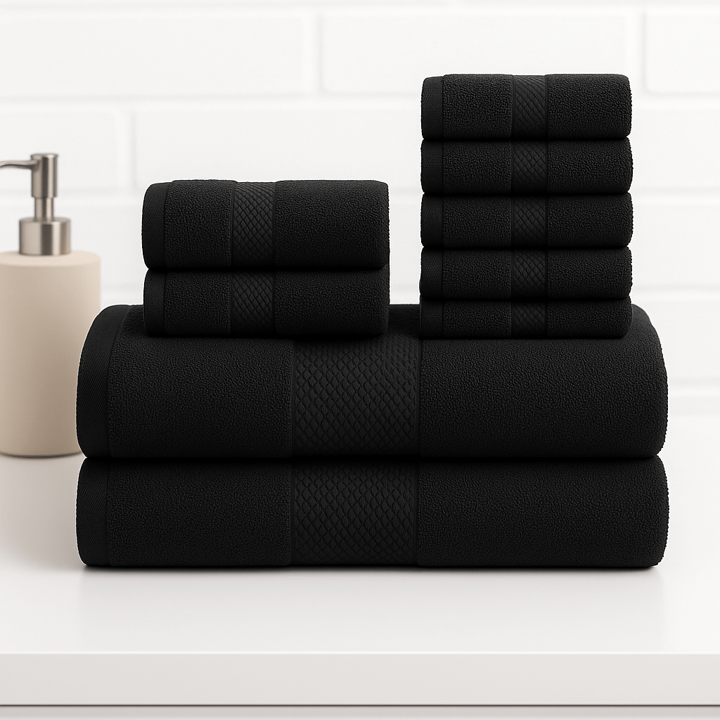 8Pack Towel Set Includes 4 Face Towels, 2 Hand Towels, and 2 Bath Towels 100% Cotton Super Soft Highly Absorbent & Durable Ideal for Bathroom Hotel Spa Gym Beach or Home Use Grey & Black