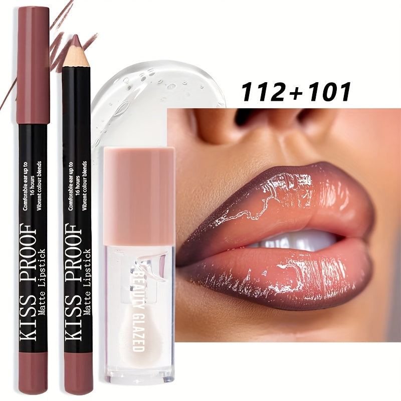 2pack BEAUTY GLAZED Waterproof Lip Liner & Lip Glaze Set - Long-Lasting Matte Lip Makeup Combo, Nude Brown/Pink/Deep Red Shades, Moisturizing Lip Pencil & Glossy-Free Lipstick for All Beige Types, All-Day Wear for Sensitive L
