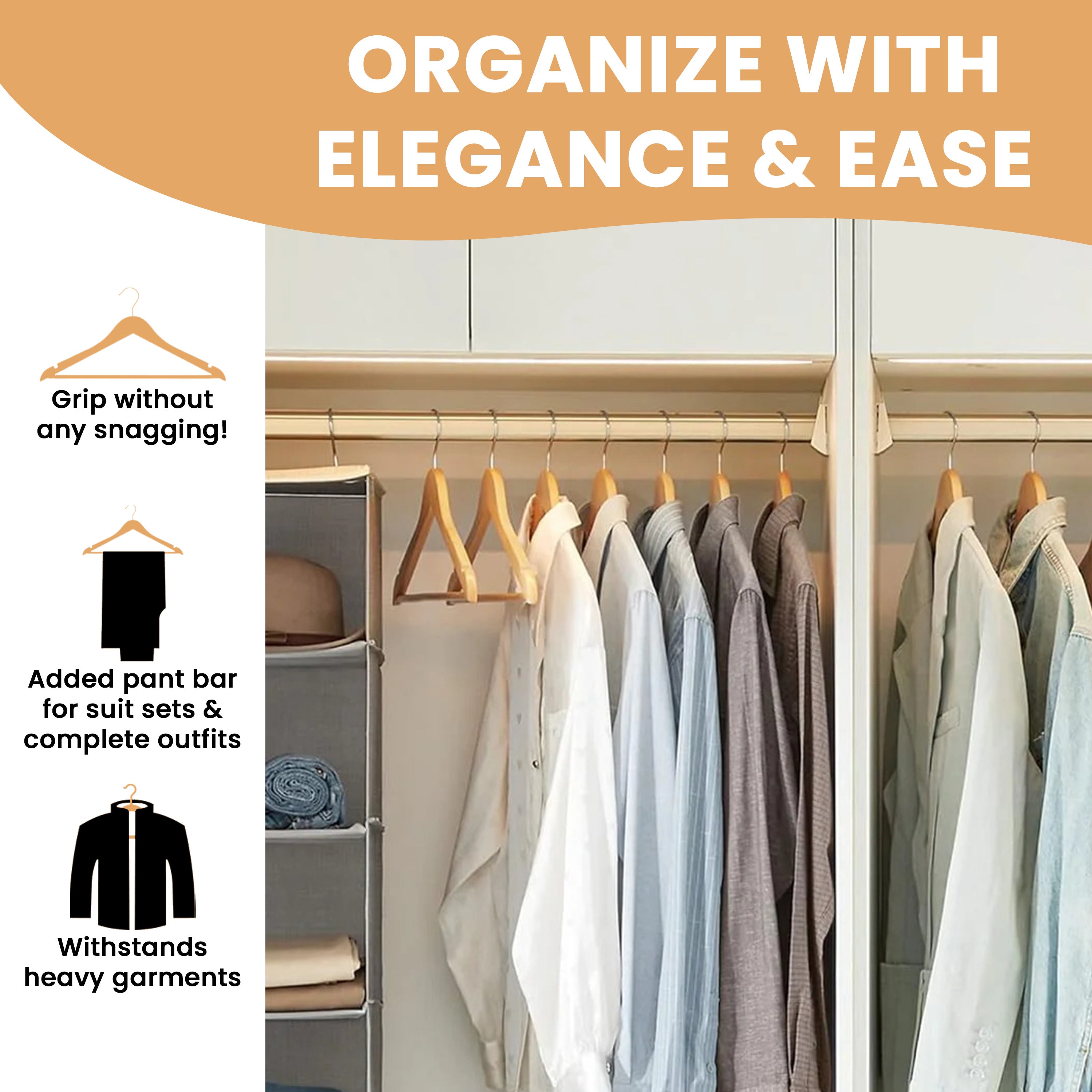 20=Pack Wooden Coat Hangers, Strong Hardwood Hanger for Coats, Jackets, Suits, Trousers, 360° Steel Swivel Hook, Trouser Bar, Shoulder Notches, Adult Hangers