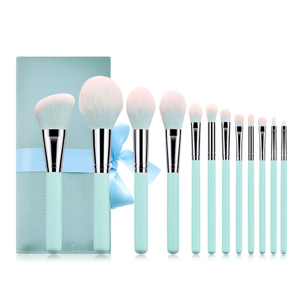 12pcs Light Blue Handle Makeup Brush Set: Foundation, Eyeshadow Brush with Bag, Makeup Tool Set