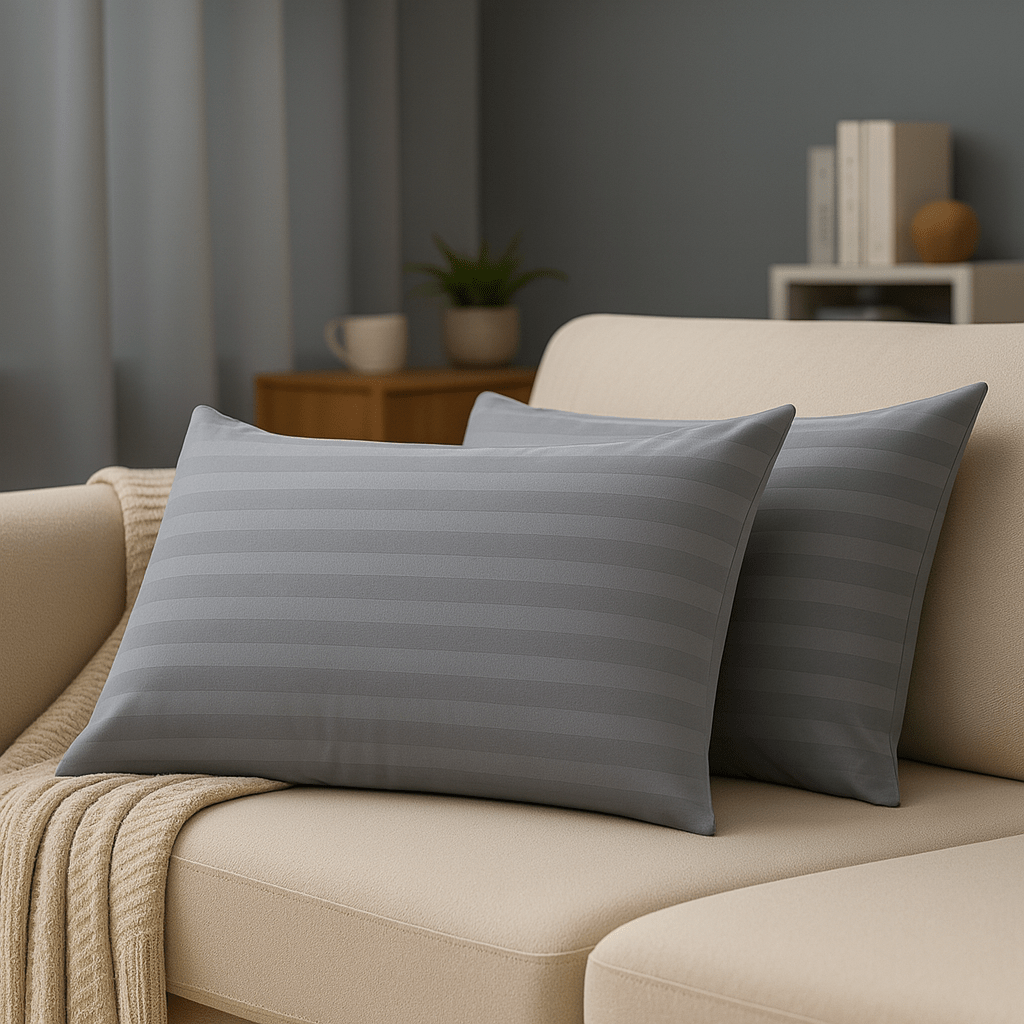 2-Pack Luxury Striped Filled Pillows – Extra Deep Bounce Back Bed Pillows for Back, Side & Stomach Sleepers – Soft, Breathable & Supportive – White or Grey – UK Standard Size