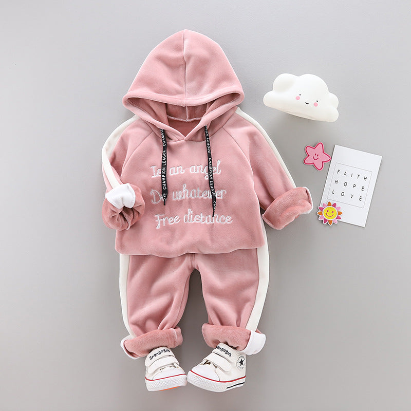 Warm Baby Girl Clothing Set: Winter Thick Plush Cotton Clothing Sets. Baby Girl Hoodie and Pants Children Suit, Kids Clothes