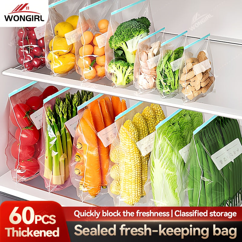 60pcs Reusable Food Storage Bags - 3 Sizes Available, Zipper Sealed & Leak-Proof, Suitable for Fruits, Vegetables, Meat & Grains, Essential for Kitchen Organization