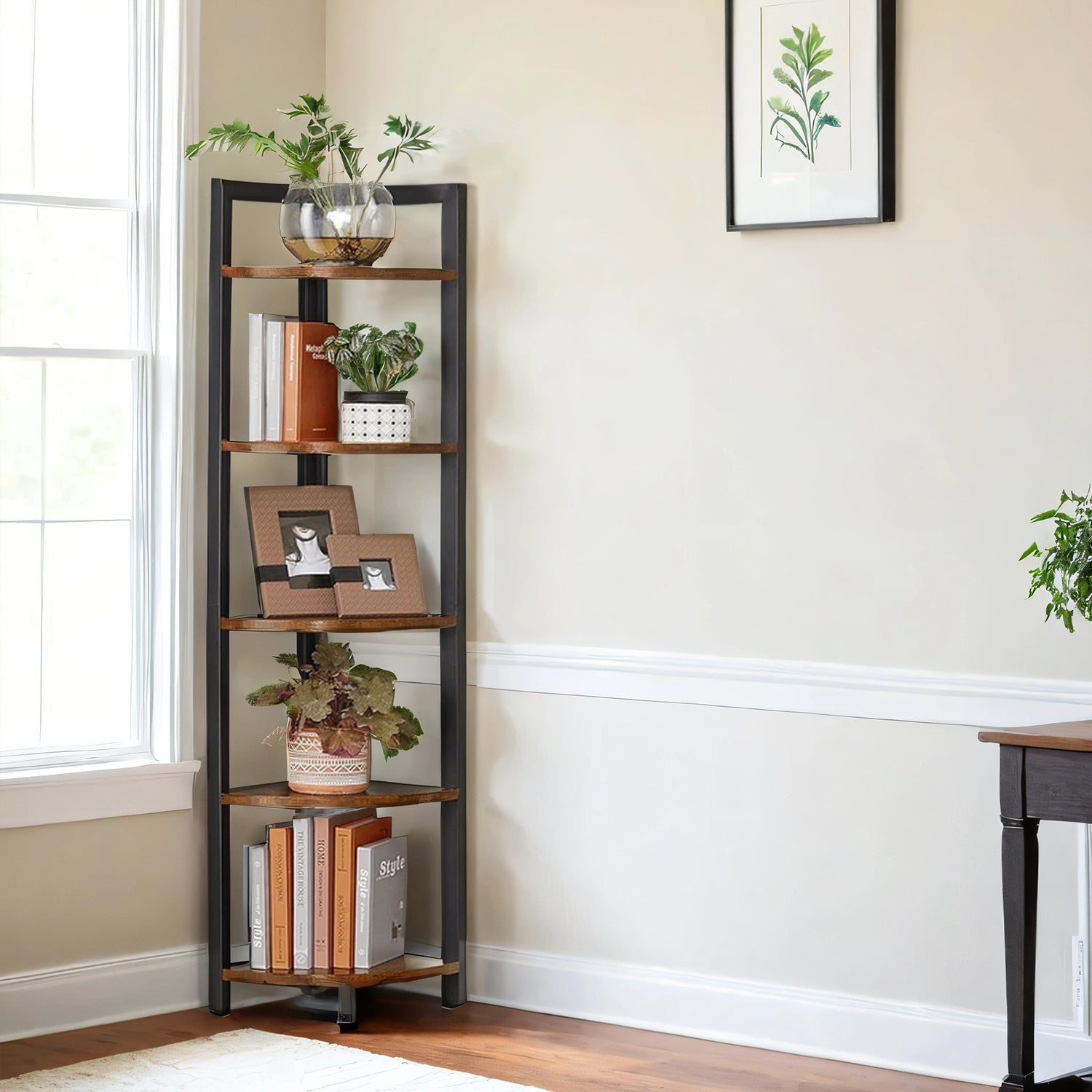 5-Tier Corner Bookcase – Industrial Style Plant Rack & Storage Unit for Living Room, Bedroom