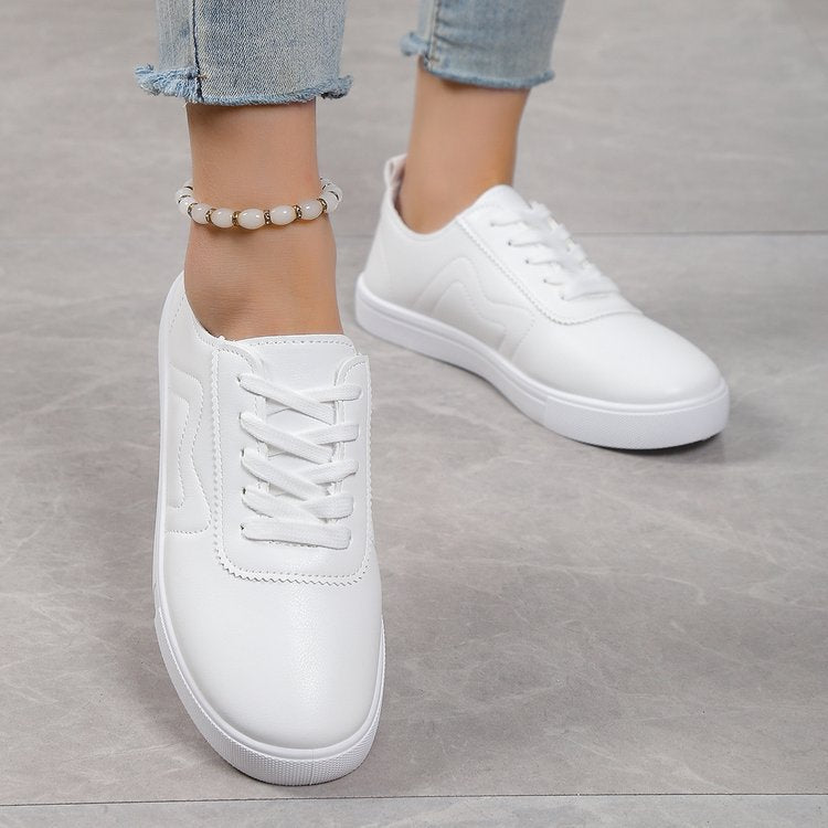 Round Toe Flat Bottom Lace Up Casual Comfortable White Shoes